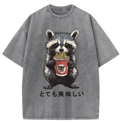 Tokyo-Tiger Cute Raccoon Eating Ramen Washed T-Shirt