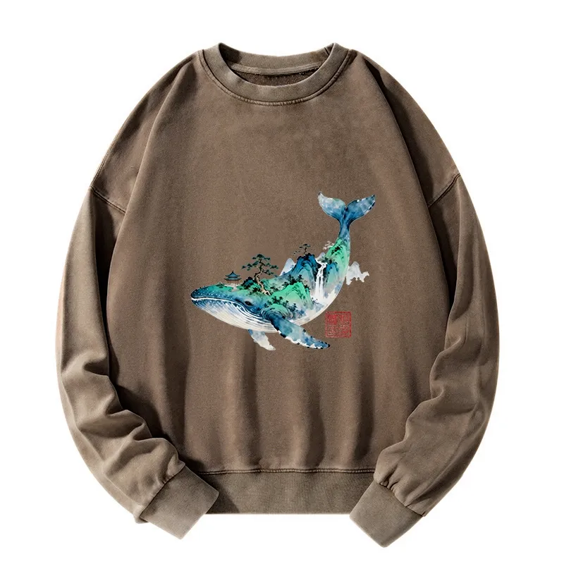 Tokyo-Tiger Whale Ink Painting Landscape Washed Sweatshirt