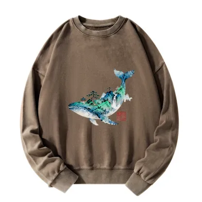 Tokyo-Tiger Whale Ink Painting Landscape Washed Sweatshirt