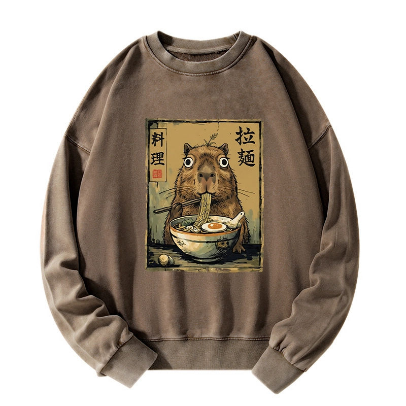 Tokyo-Tiger Cute Capybara Eating Ramen Washed Sweatshirt