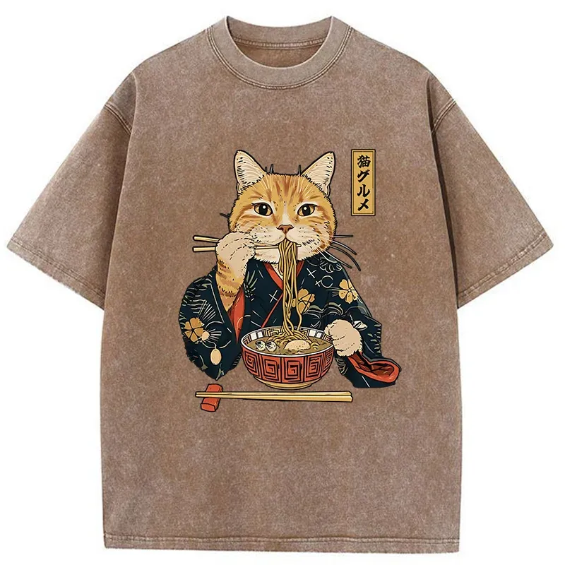 Tokyo-Tiger Elegant Cat Eating Ramen Washed T-Shirt