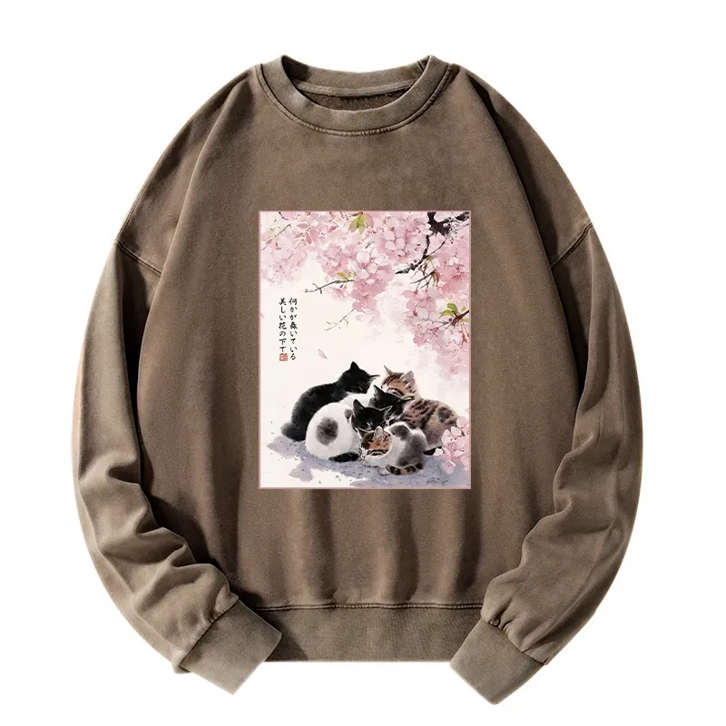 Tokyo-Tiger Cute Cats Sakura Garden Washed Sweatshirt