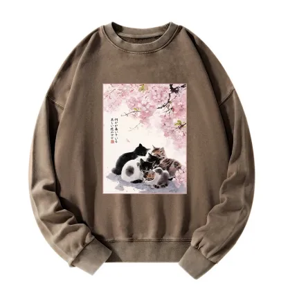 Tokyo-Tiger Cute Cats Sakura Garden Washed Sweatshirt