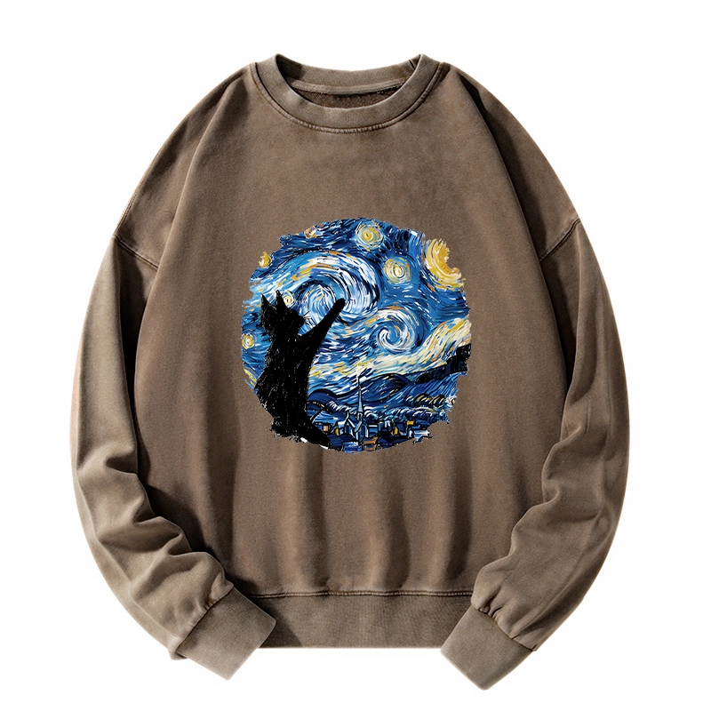 Tokyo-Tiger Starry Night Black Cat Washed Sweatshirt