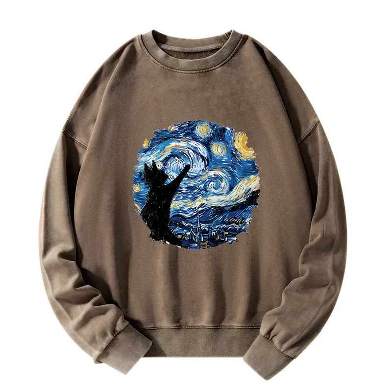 Tokyo-Tiger Starry Night Black Cat Washed Sweatshirt