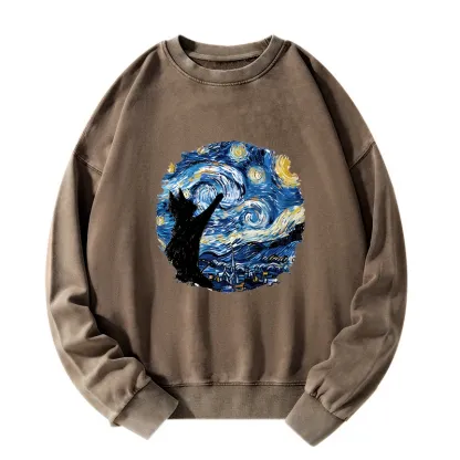 Tokyo-Tiger Starry Night Black Cat Washed Sweatshirt