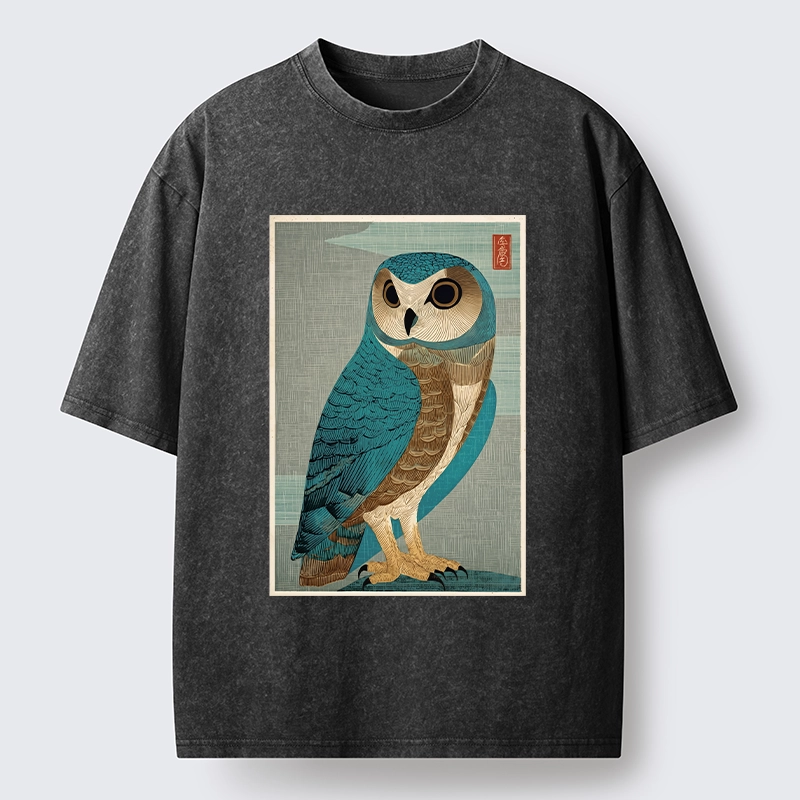 Tokyo-Tiger Vintage Owl Woodblock Art Washed T-Shirt