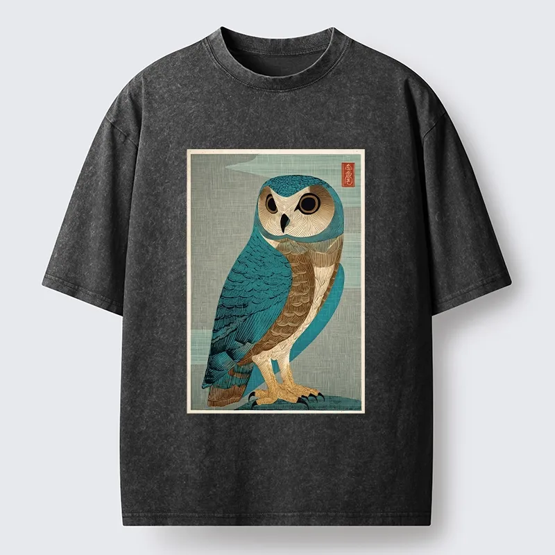 Tokyo-Tiger Vintage Owl Woodblock Art Washed T-Shirt