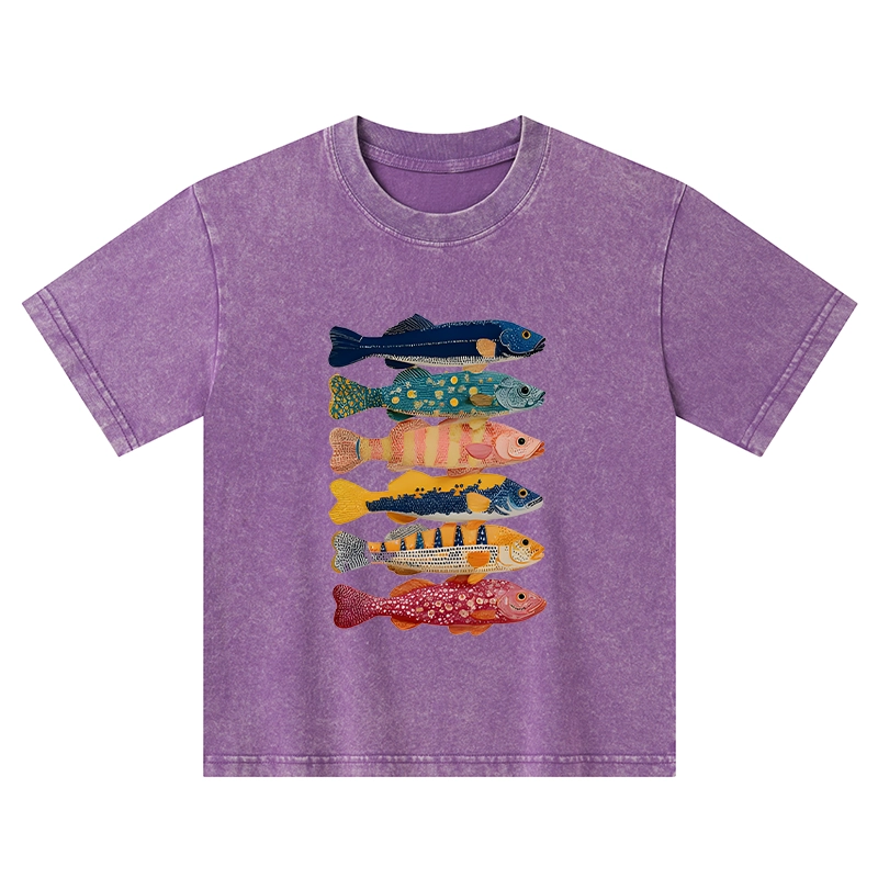 Tokyo-Tiger Colorful Fish Art Collection Kids Washed T-Shirt