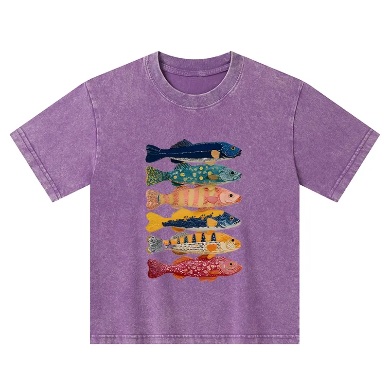 Tokyo-Tiger Colorful Fish Art Collection Kids Washed T-Shirt