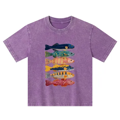 Tokyo-Tiger Colorful Fish Art Collection Kids Washed T-Shirt