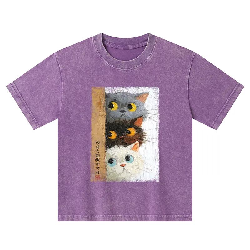 Tokyo-Tiger Three Cute Cats Watch You Kids Washed T-Shirt