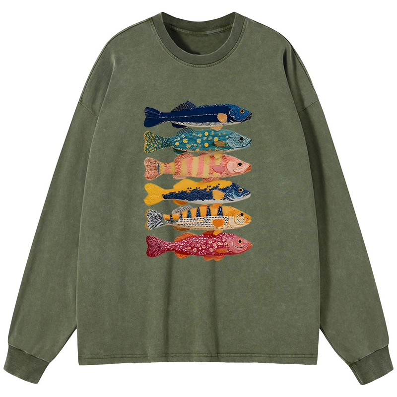Tokyo-Tiger Colorful Fish Art Collection Washed Long Sleeve T-Shirt