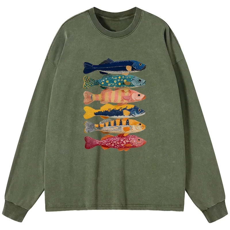 Tokyo-Tiger Colorful Fish Art Collection Washed Long Sleeve T-Shirt