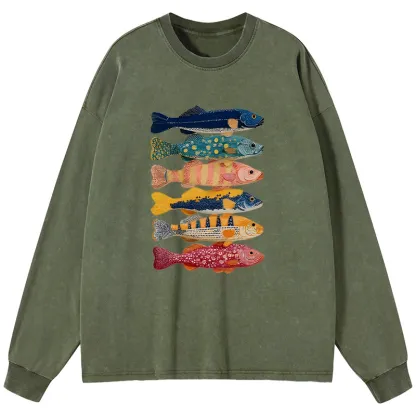 Tokyo-Tiger Colorful Fish Art Collection Washed Long Sleeve T-Shirt