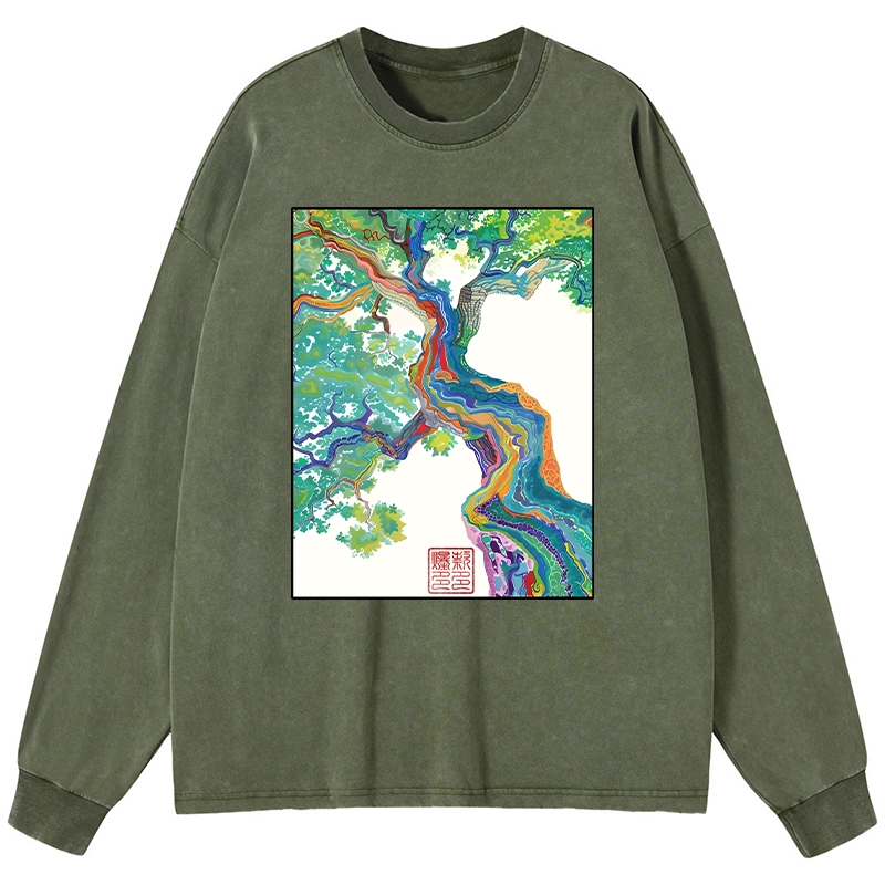 Tokyo-Tiger Colorful Magic Tree Washed Long Sleeve T-Shirt