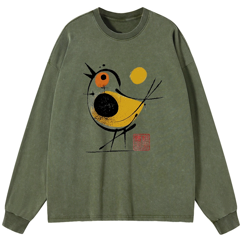 Tokyo-Tiger Aesthetic Yellow And Black Bird Washed Long Sleeve T-Shirt