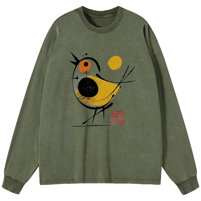 Tokyo-Tiger Aesthetic Yellow And Black Bird Washed Long Sleeve T-Shirt