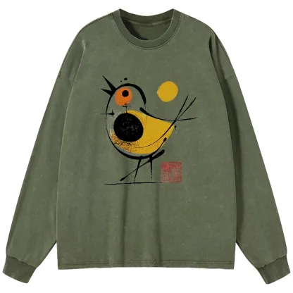 Tokyo-Tiger Aesthetic Yellow And Black Bird Washed Long Sleeve T-Shirt
