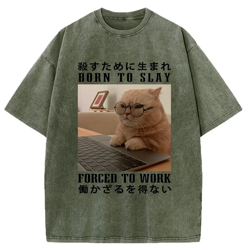 Tokyo-Tiger Born To Slay Forced To Work Funny Washed T-Shirt