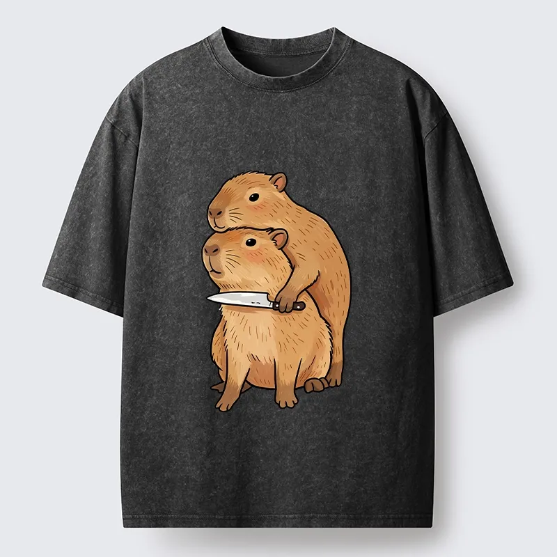 Tokyo-Tiger Capybara With Knife Funny Meme Washed T-Shirt