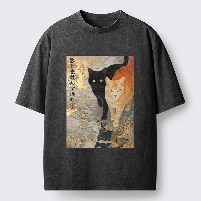 Tokyo-Tiger Japanese Gold Leaf Cat Print Meme Washed T-Shirt
