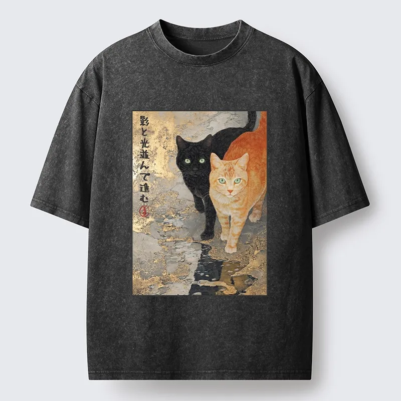 Tokyo-Tiger Japanese Gold Leaf Cat Print Meme Washed T-Shirt