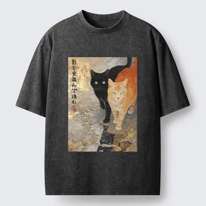 Tokyo-Tiger Japanese Gold Leaf Cat Print Meme Washed T-Shirt