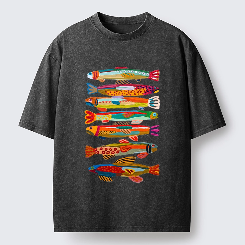 Tokyo-Tiger Colorful Fish Folk Art Print Washed T-Shirt