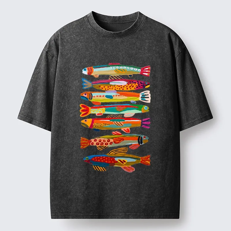 Tokyo-Tiger Colorful Fish Folk Art Print Washed T-Shirt