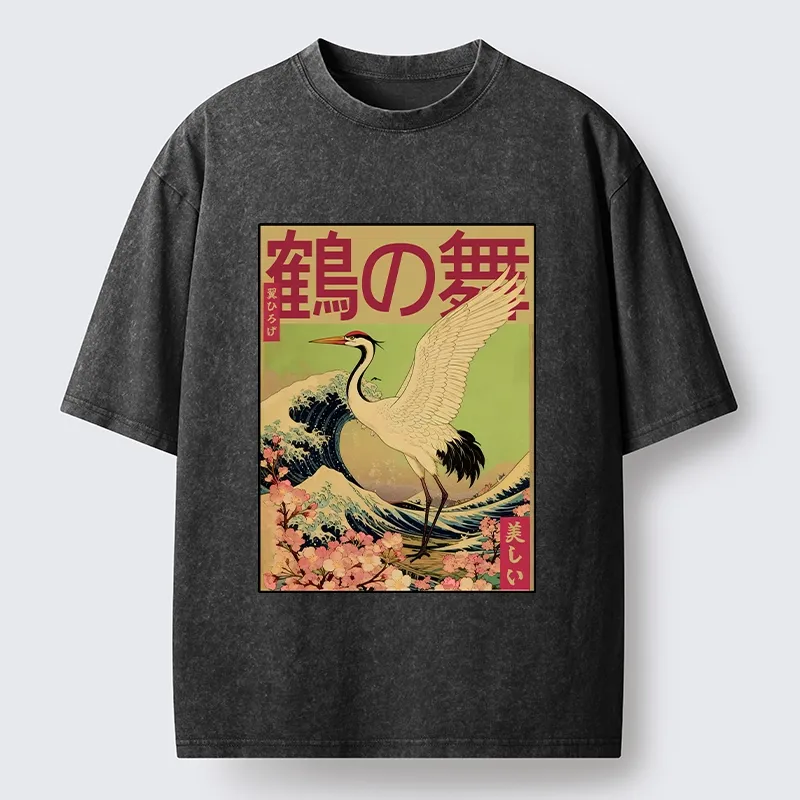 Tokyo-Tiger Japanese Crane And Wave Art Washed T-Shirt