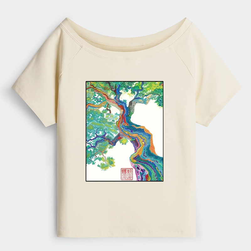 Tokyo-Tiger Colorful Magic Tree Off Shoulder T-Shirt