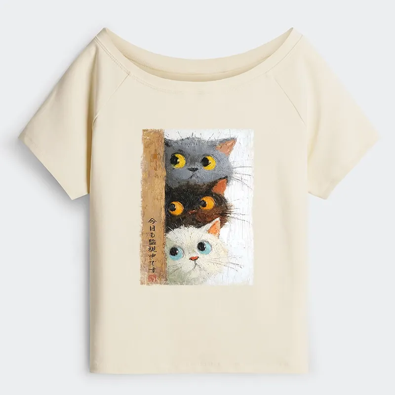 Tokyo-Tiger Three Cute Cats Watch You Off Shoulder T-Shirt