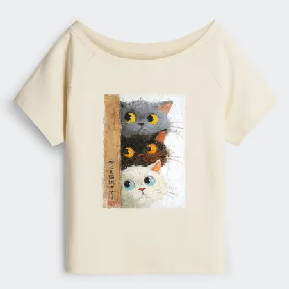 Tokyo-Tiger Three Cute Cats Watch You Off Shoulder T-Shirt