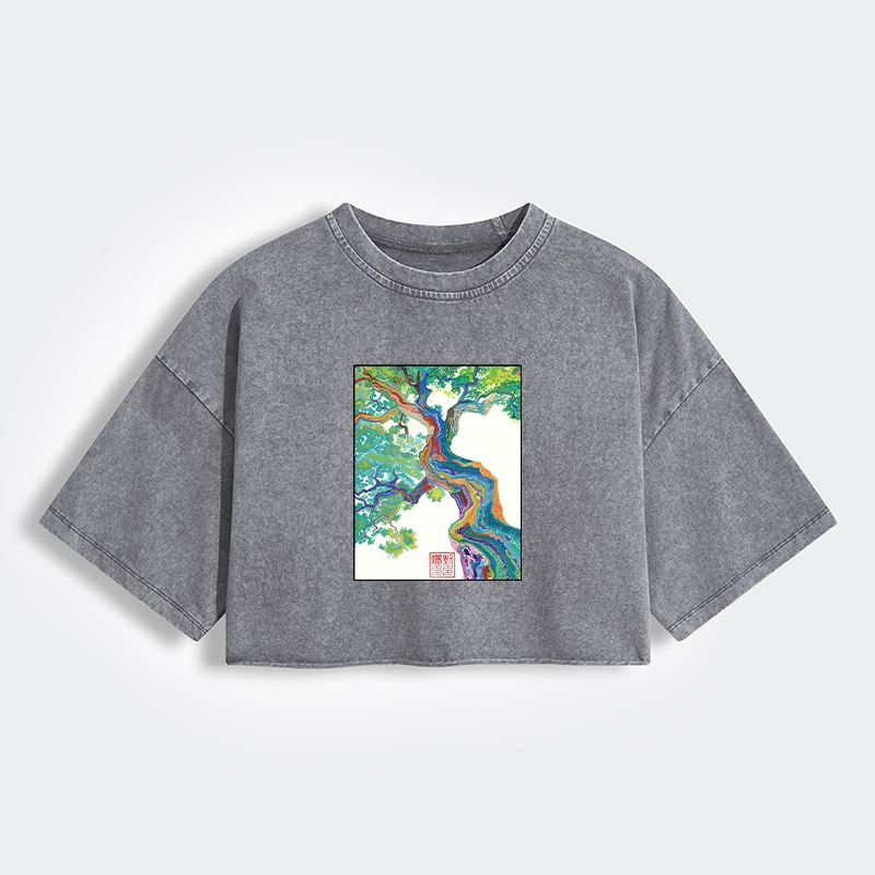 Tokyo-Tiger Colorful Magic Tree Women's Washed Crop T-Shirt