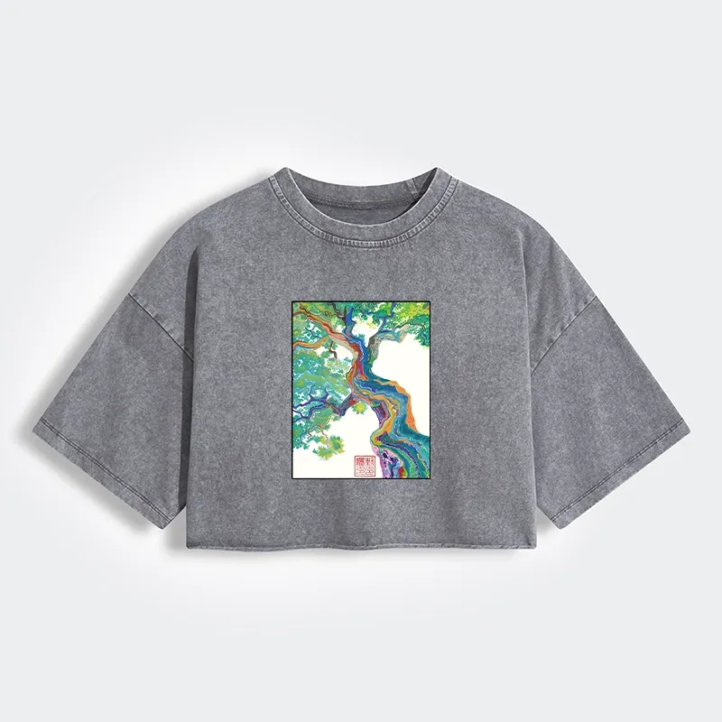 Tokyo-Tiger Colorful Magic Tree Women's Washed Crop T-Shirt
