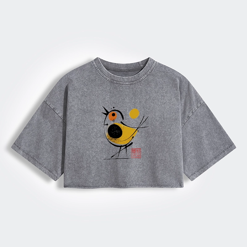Tokyo-Tiger Aesthetic Yellow And Black Bird Women's Washed Crop T-Shirt