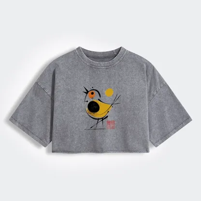 Tokyo-Tiger Aesthetic Yellow And Black Bird Women's Washed Crop T-Shirt