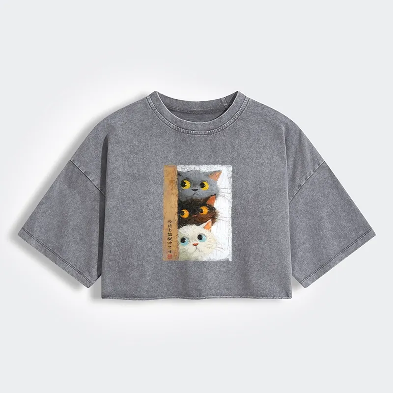Tokyo-Tiger Three Cute Cats Watch You Women's Washed Crop T-Shirt Sale