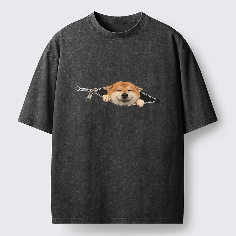 Tokyo-Tiger Cute Shiba Dog In Zipper Washed T-Shirt