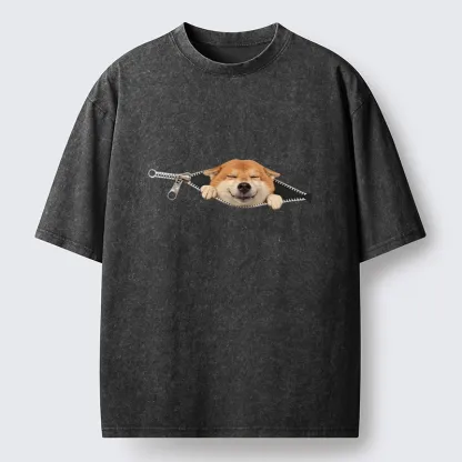 Tokyo-Tiger Cute Shiba Dog In Zipper Washed T-Shirt
