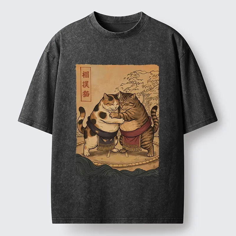Tokyo-Tiger Sumo Cats Ready To Fight Washed T-Shirt