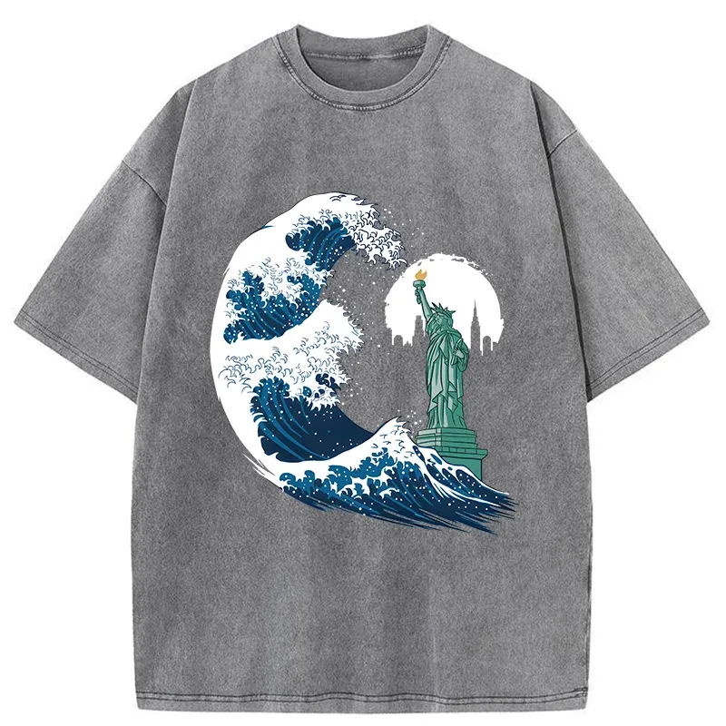 Tokyo-Tiger Waves And The Statue Of Liberty Washed T-Shirt
