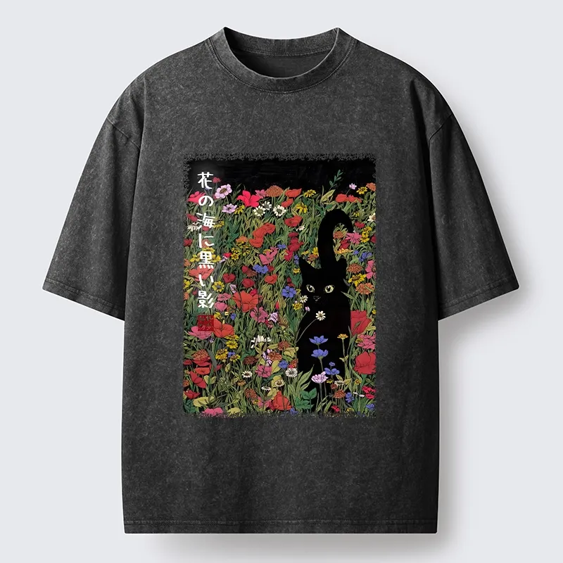 Tokyo-Tiger Black Cat Hiding In Flower Sea Washed T-Shirt
