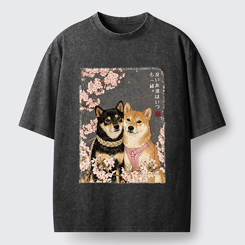 Tokyo-Tiger Two Shibas And Sakura Flowers Washed T-Shirt