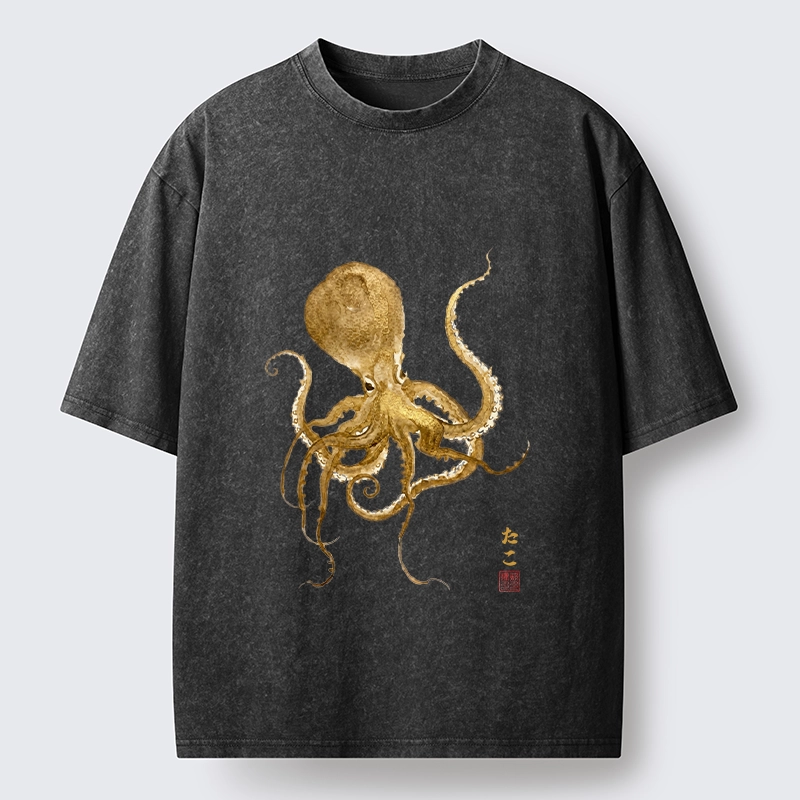 Tokyo-Tiger Japanese Style Octopus Painting Washed T-Shirt