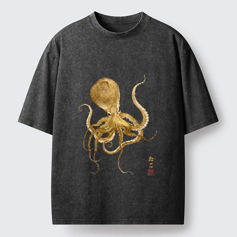 Tokyo-Tiger Japanese Style Octopus Painting Washed T-Shirt