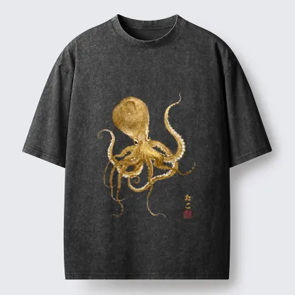 Tokyo-Tiger Japanese Style Octopus Painting Washed T-Shirt