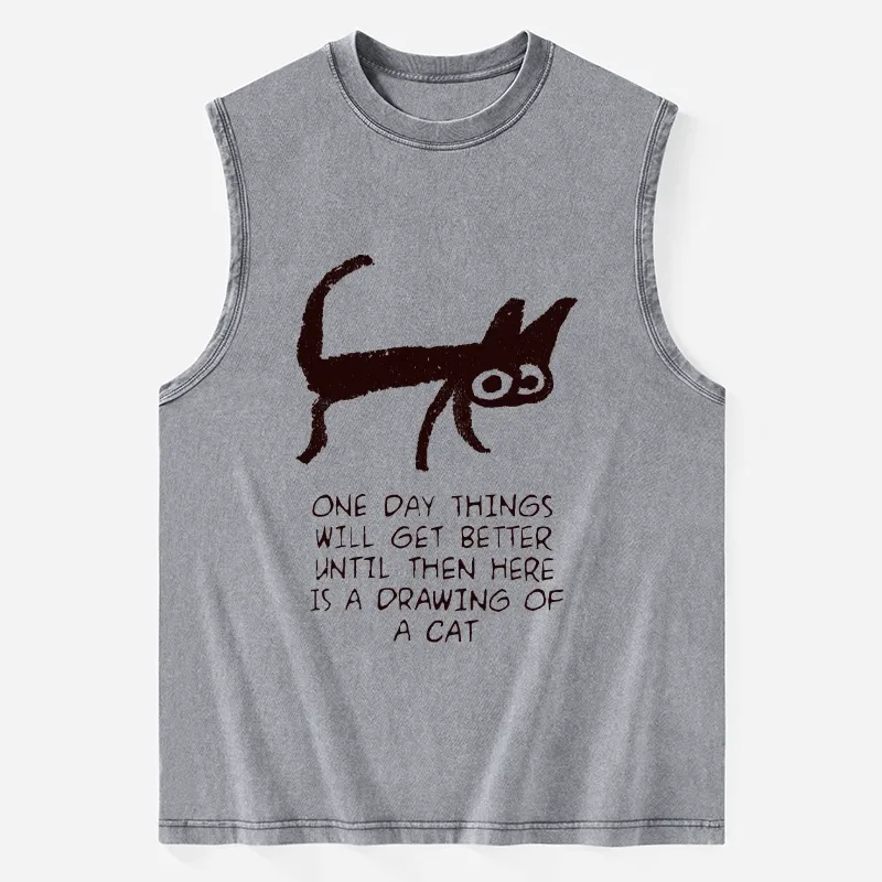 Tokyo-Tiger Cat Cheer Up Drawing Washed Tank