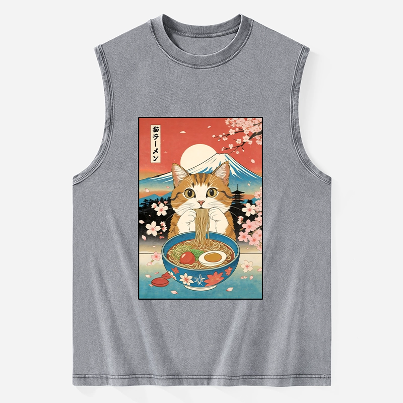 Tokyo-Tiger Funny Orange Cat Eating Ramen Japan Washed Tank
